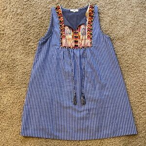 Entro beautiful denim pinstriped dress w/ embroidered bib & tassels. Size L